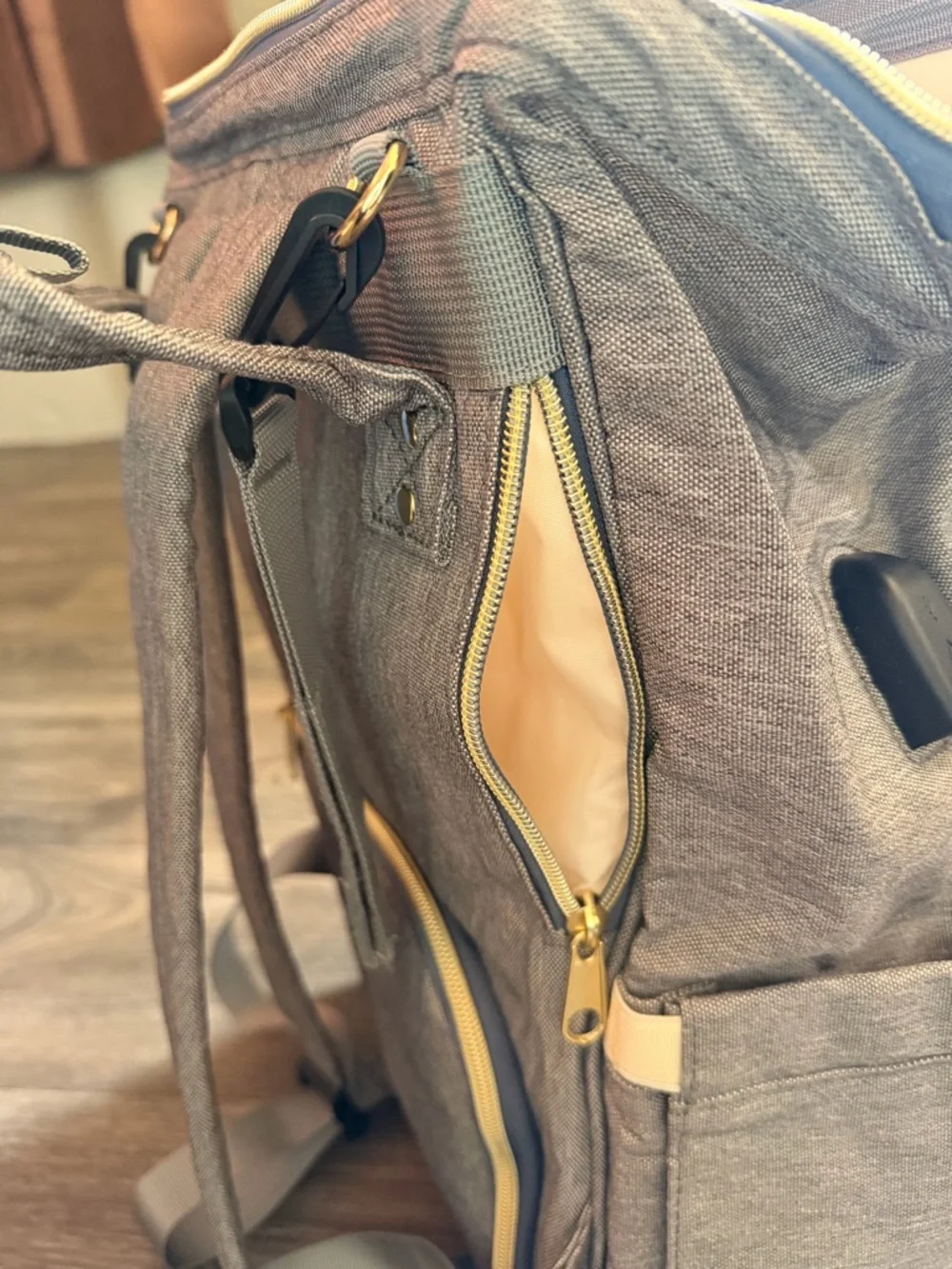 Light Taupe Baby Diaper Backpack with Detachable Pouch